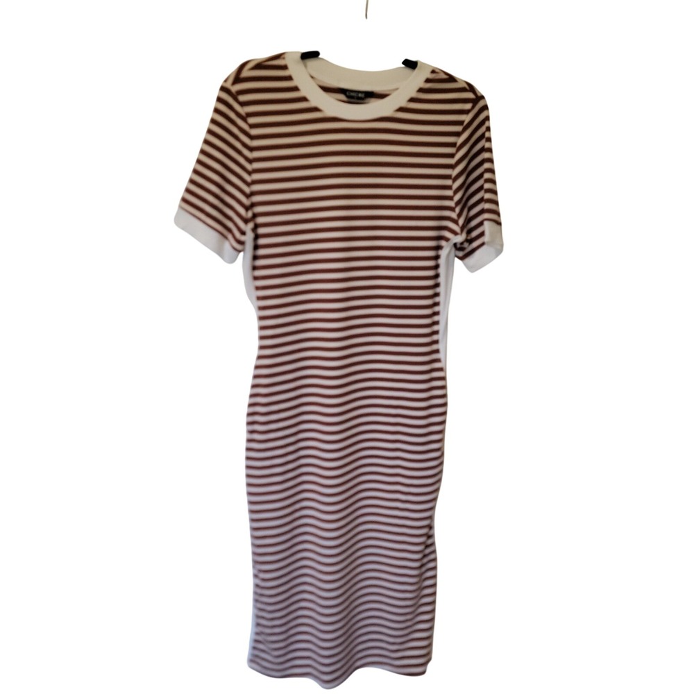 ChicMe Brown White Striped Ribbed Short Sleeve Bodycon Midi Dress OD56007 L